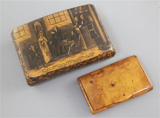 A Victorian mauchlineware snuff box & another